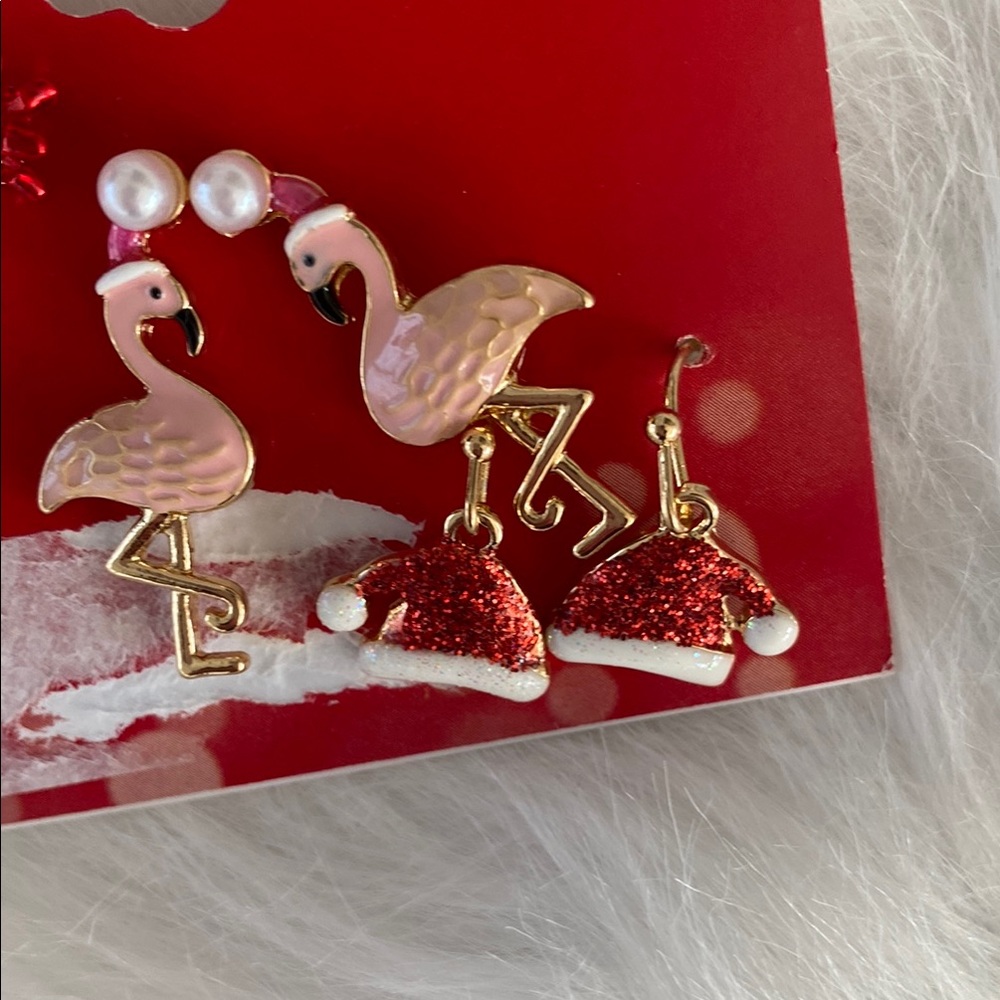 New 3 pair set Flamingo and Santa Hat Earrings - Picture 4 of 5